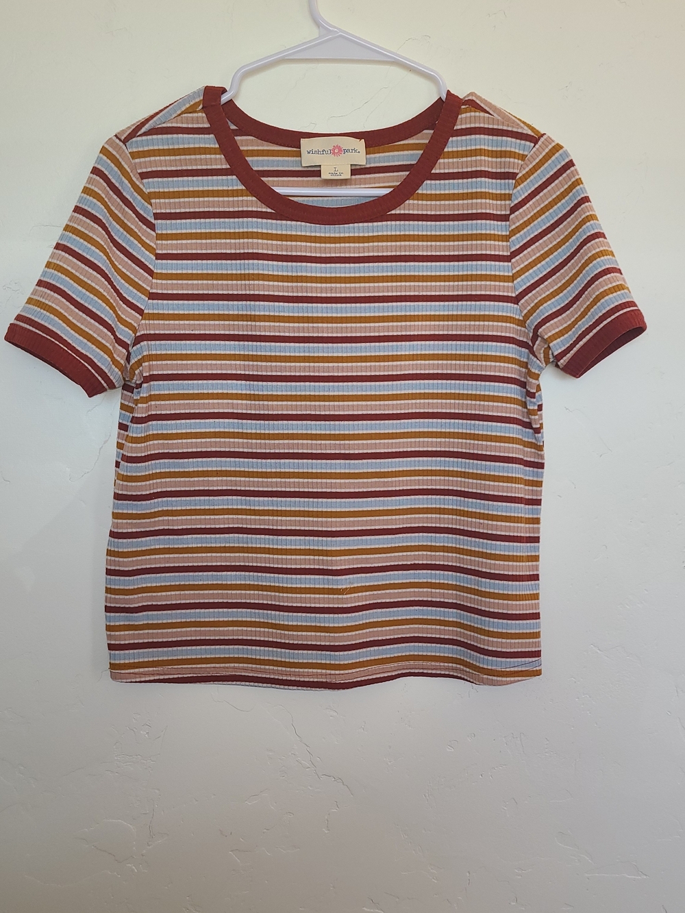 Wide Striped Ribbed Tee with Rust Trim Size L